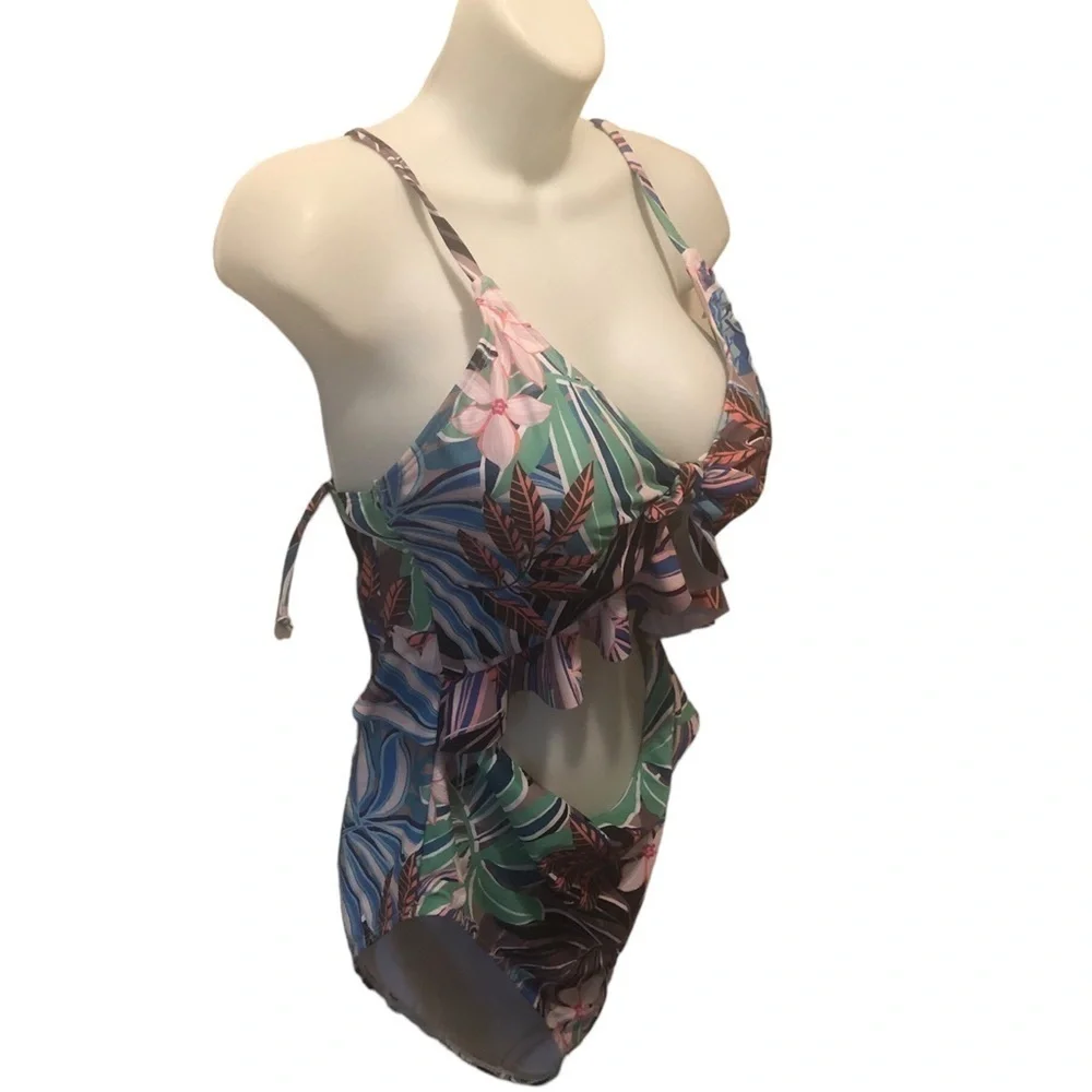 Hurley Floral Cut Out One Piece Swimsuit XL Ruffled Lace Up Back Coconuts